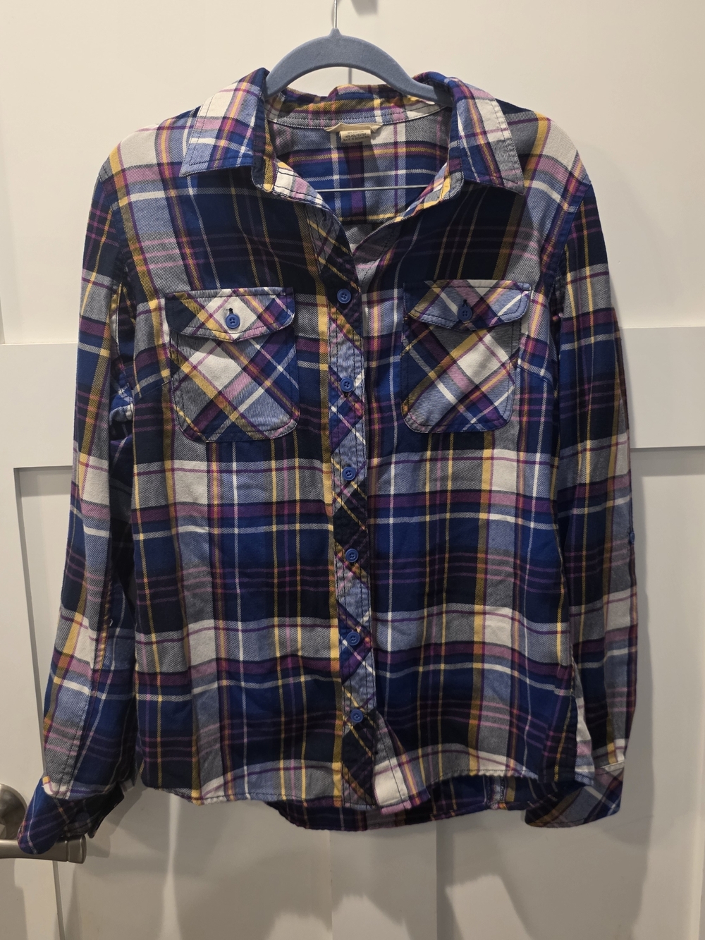 Duluth Trading Womens Crosscut Wicking Flannel Blue Plaid Shirt Roll Tab L Fall